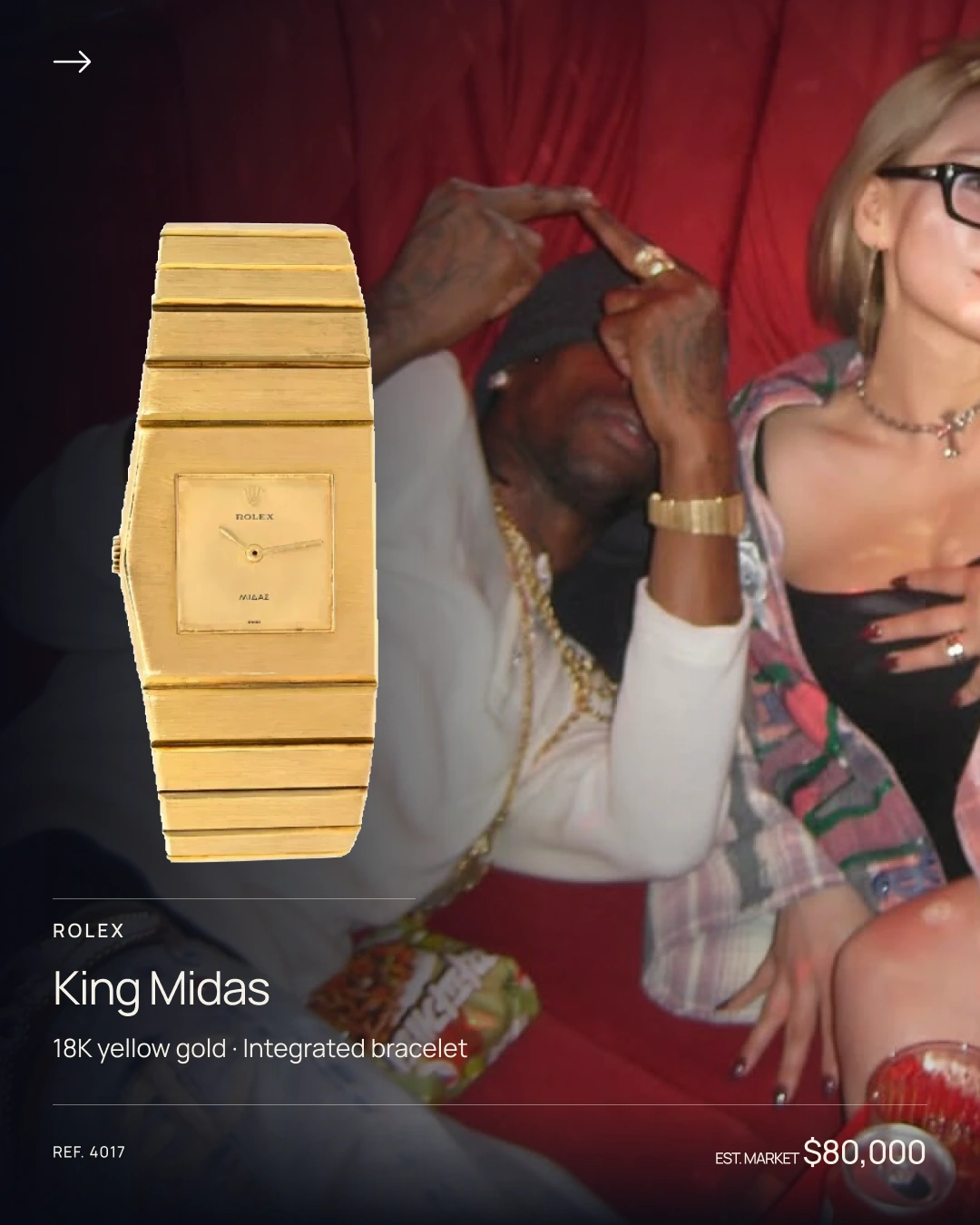 Travis Scott wearing a gold Rolex King Midas.