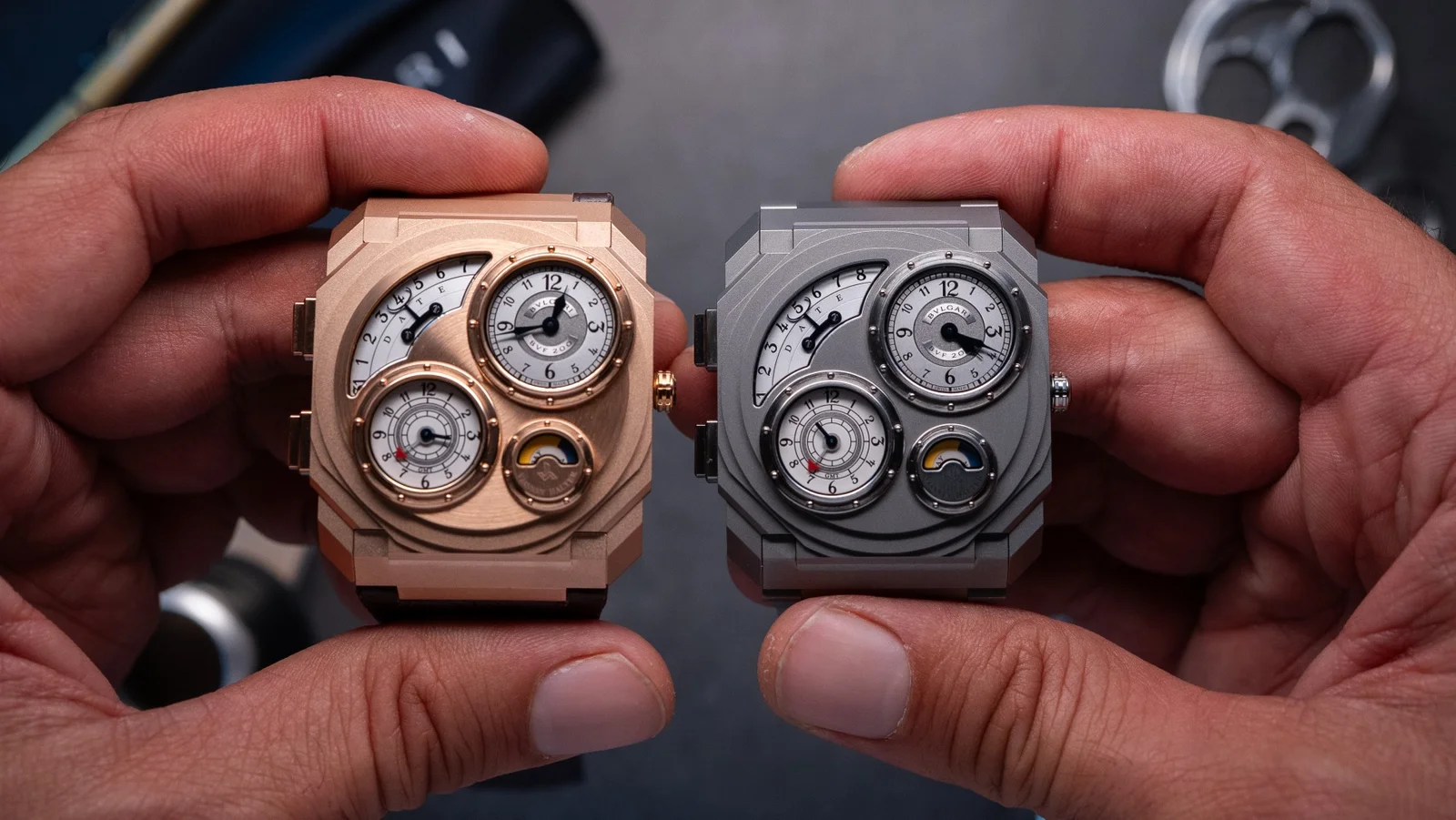 Two metal treatments of the Bulgari × Vianney Halter collaboration; the titanium model is our selected version.