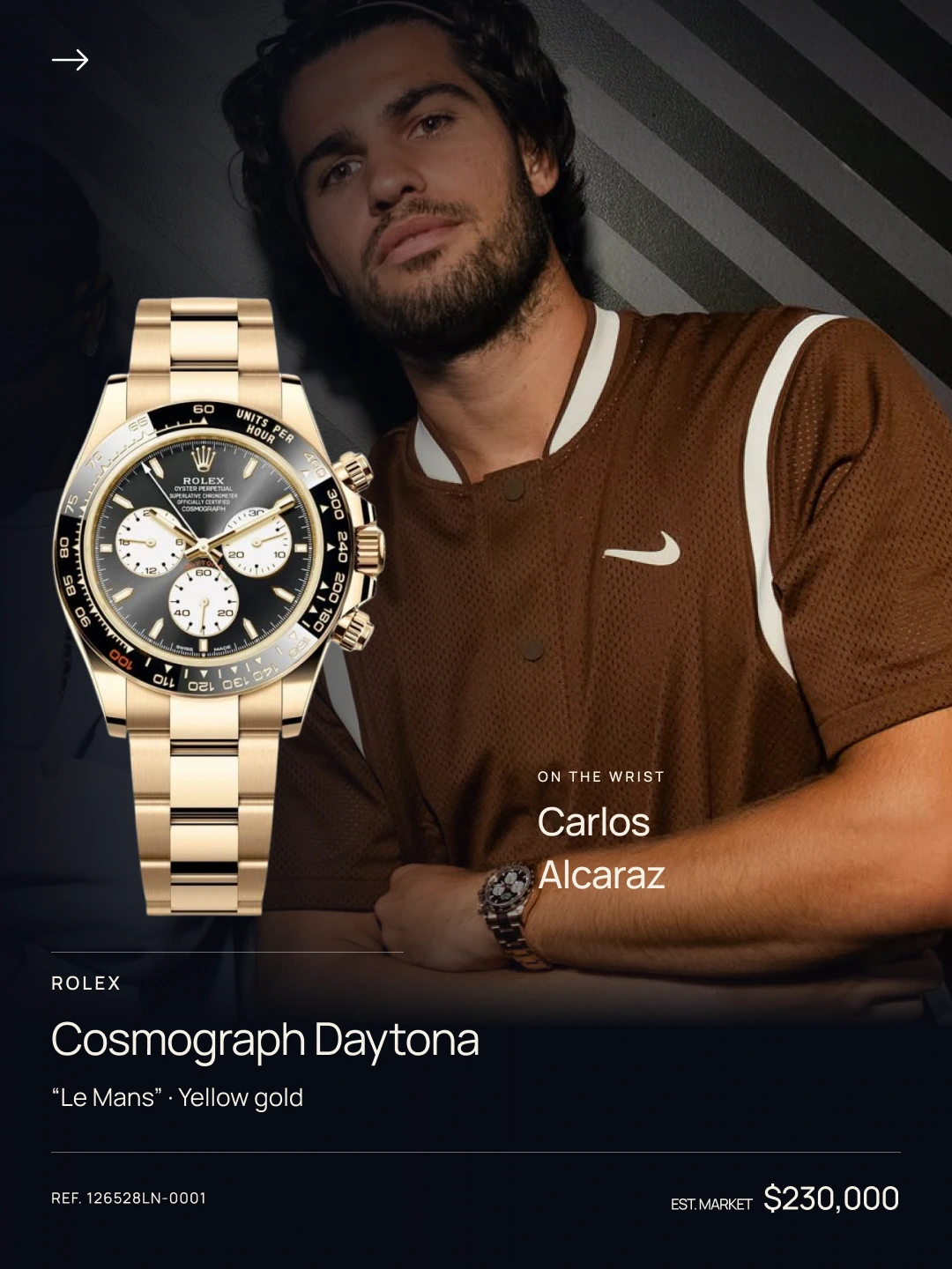 Carlos Alcaraz, pictured in our US Open selection with a yellow-gold Daytona.