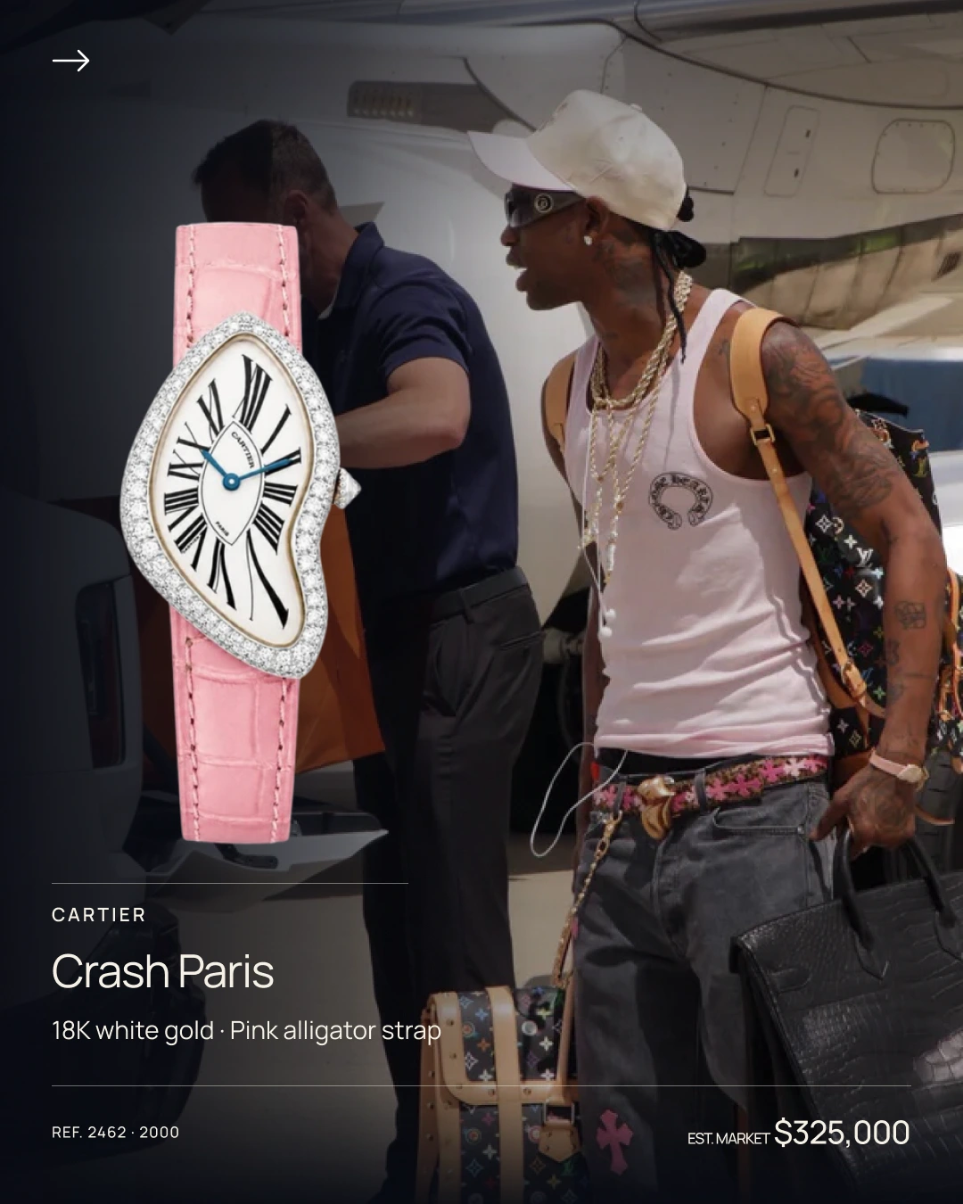 Travis Scott wearing a Cartier Crash on a pink strap.