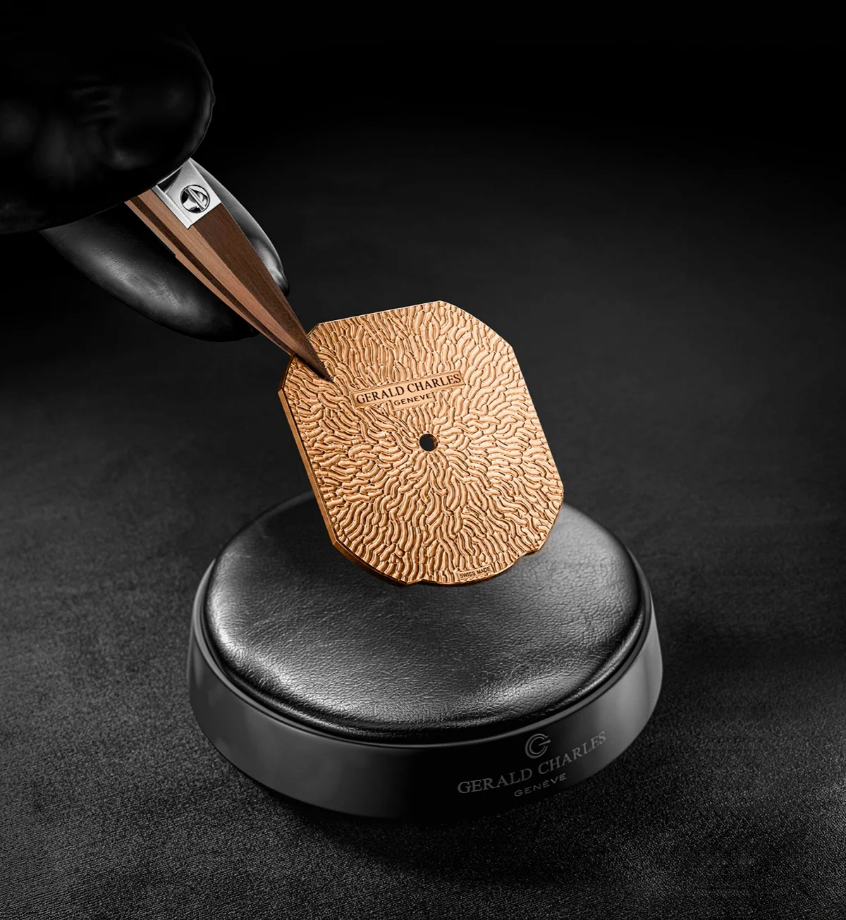 The dial-making process, shown here with a warm rose-toned example.