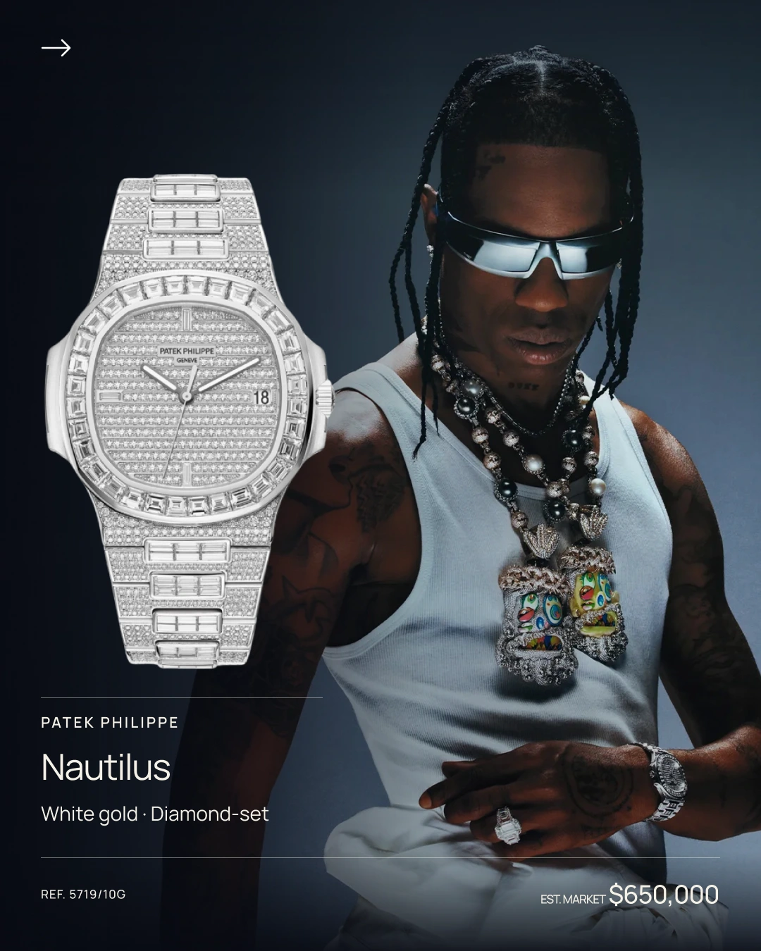 Travis Scott pictured with a diamond-set Patek Philippe Nautilus.