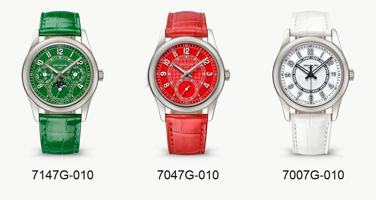 From left: 7147G-010 perpetual calendar, 7047G-010 minute repeater and 7007G-010 Calatrava. Photos: Patek Philippe.