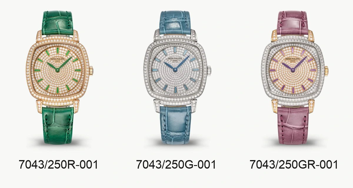 Gondolo Ladies First Joaillerie: 7043/250R-001, 7043/250G-001 and 7043/250GR-001. Photos: Patek Philippe.