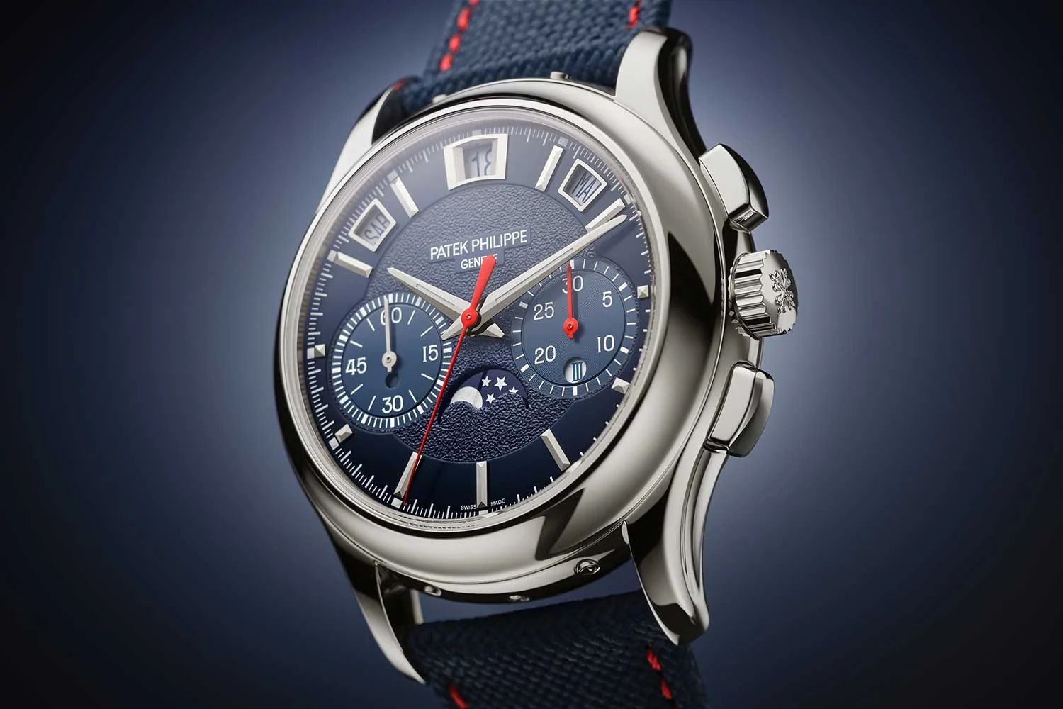 Patek Philippe 5978P-010 in platinum, with a navy dial and red chronograph accents. Photo: Patek Philippe.