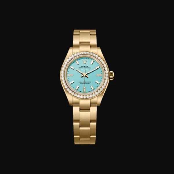 Oyster Perpetual 28 — Yellow Gold, Diamond Bezel, Turquoise Dial "Diamond bezel, turquoise & MOP, diamond markers"