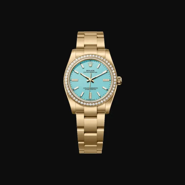 Oyster Perpetual 34 Yellow Gold Turquoise Blue Diamond Dial